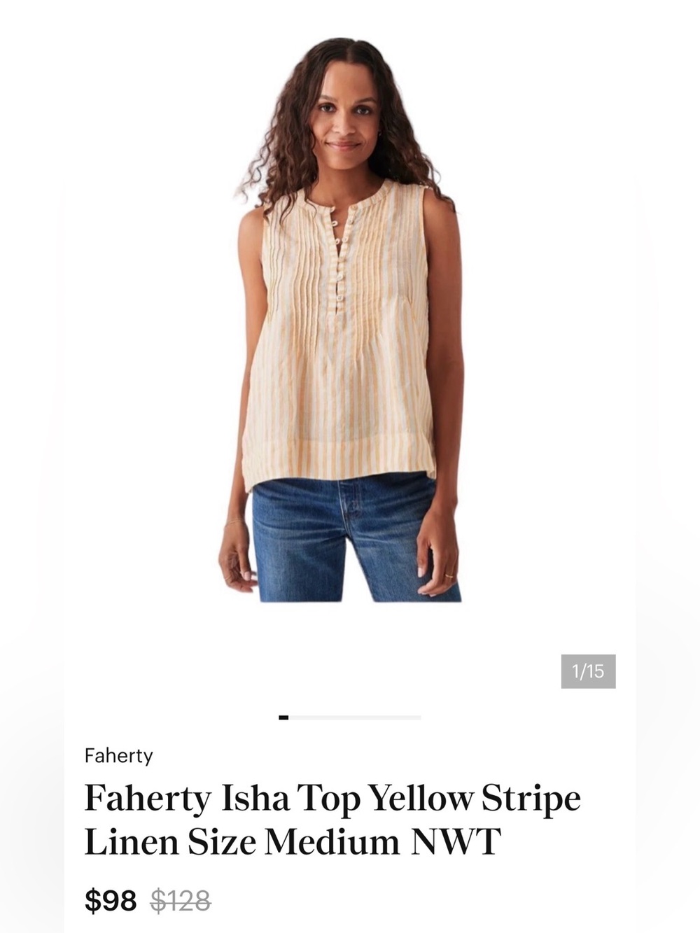 Faherty organic linen top, Yellow-Striped Linen Pintuck Sleeveless Top